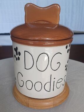 Ceramic Dog Treat Lidded Jar "DOG GOODIES" - 6.5" Tall X 4.5" Wide
